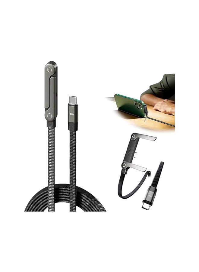 240W USB-C to USB-C Fast Charging Cable with Built-In Phone Stand, 1.5m Braided Side-Angle Cord, Black - Image 2