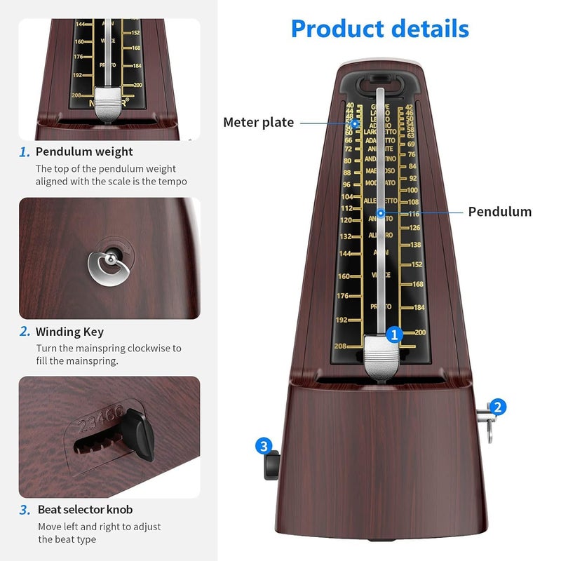 PERLMAN Square Wind up Mechanical Metronome with Accurate Timing and Tempo for Piano Guitar Bass Drum Violin and Other Musical Instruments, Ideal for Music Lovers, Beginners or Musicians (Teak) - Image 2