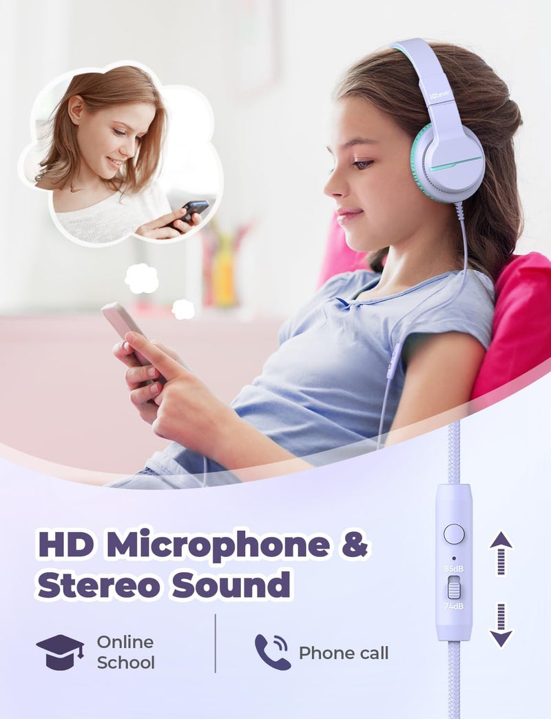 iClever HS19 Kids Headphones for School with Microphone, Safe Volume Limiter 74/85dBA, Over-Ear Girls Boys Headphones for Kids with FunShare Foldable Wired for iPad/Travel (Purple) - Image 4