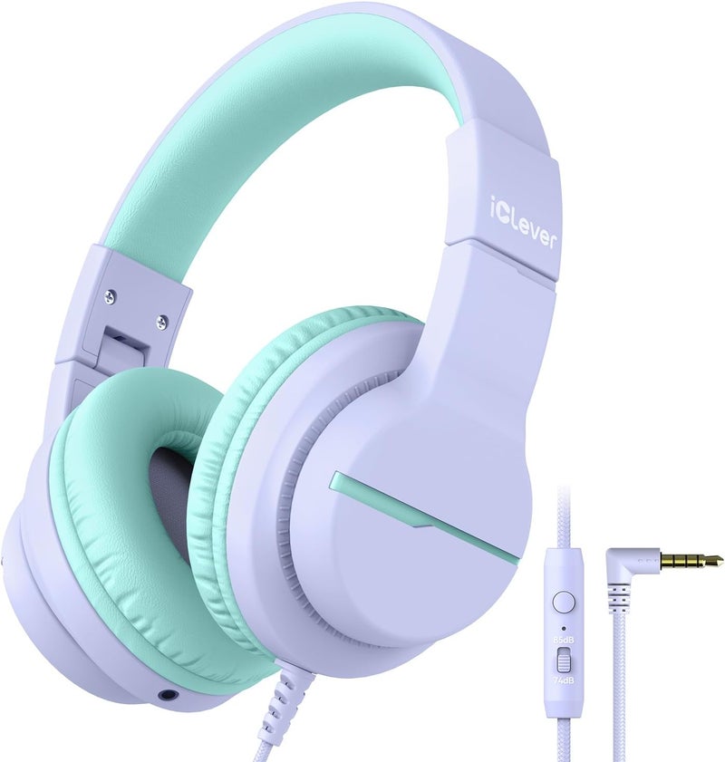 iClever HS19 Kids Headphones for School with Microphone, Safe Volume Limiter 74/85dBA, Over-Ear Girls Boys Headphones for Kids with FunShare Foldable Wired for iPad/Travel (Purple) - Image 1