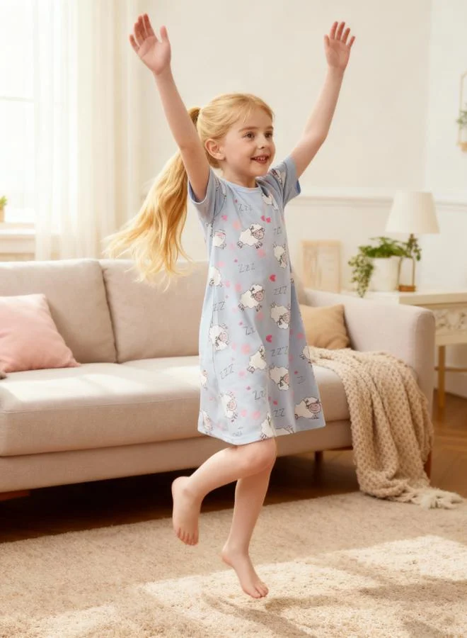 Take Two  Girls Blue Sheep Print Short Sleeve Nightdress for Women | Best Price UAE