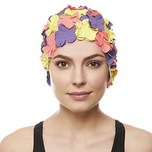 BEEMO Floral Petal Ladies Bathing Swim Cap - Purple/Yellow/Pink - Image 2