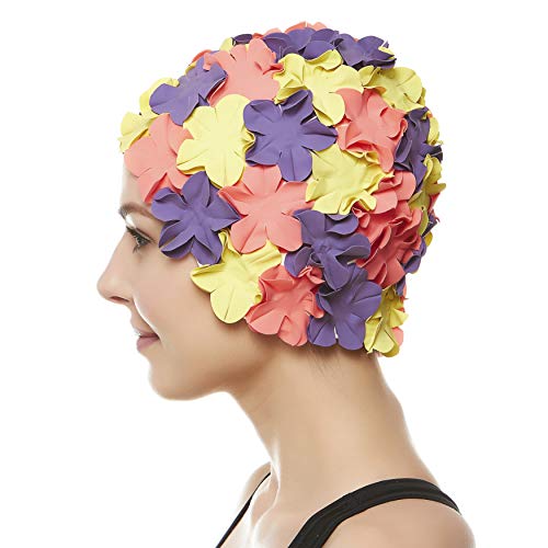 BEEMO Floral Petal Ladies Bathing Swim Cap - Purple/Yellow/Pink - Image 4