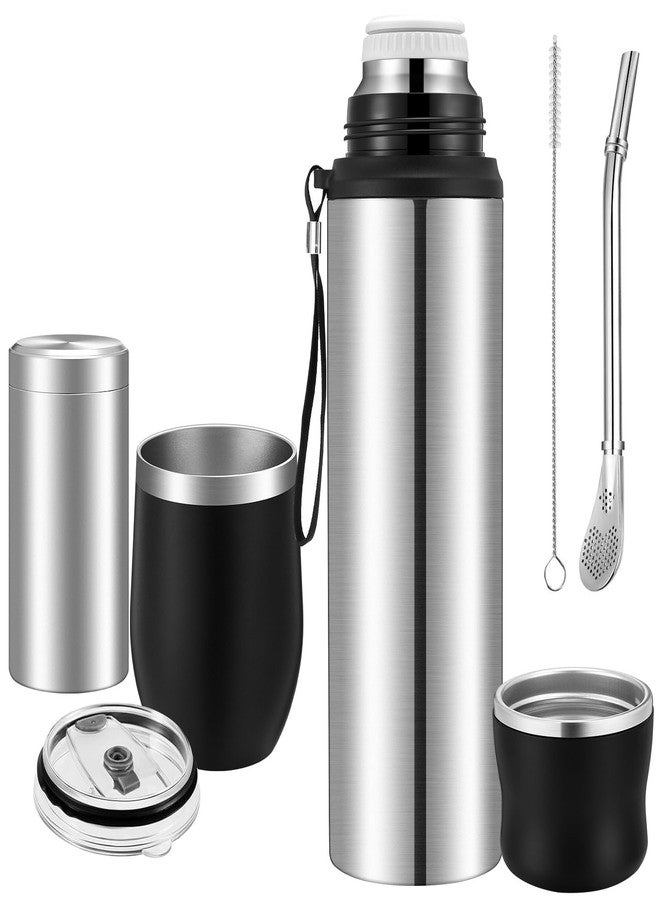 Suclain 3 Pcs Complete Yerba Mate Kit 12 oz Yerba Mate Gourd and Bombilla Set, 34 oz Stainless Steel Thermal Water Bottle with Tea Can, Straw Brush(Silver) - Image 1