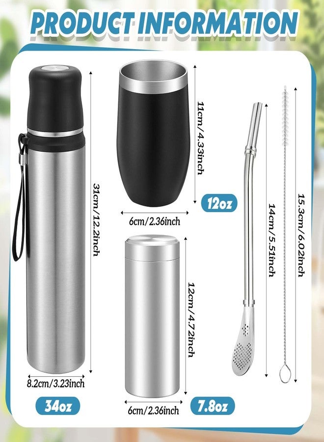 Suclain 3 Pcs Complete Yerba Mate Kit 12 oz Yerba Mate Gourd and Bombilla Set, 34 oz Stainless Steel Thermal Water Bottle with Tea Can, Straw Brush(Silver) - Image 2