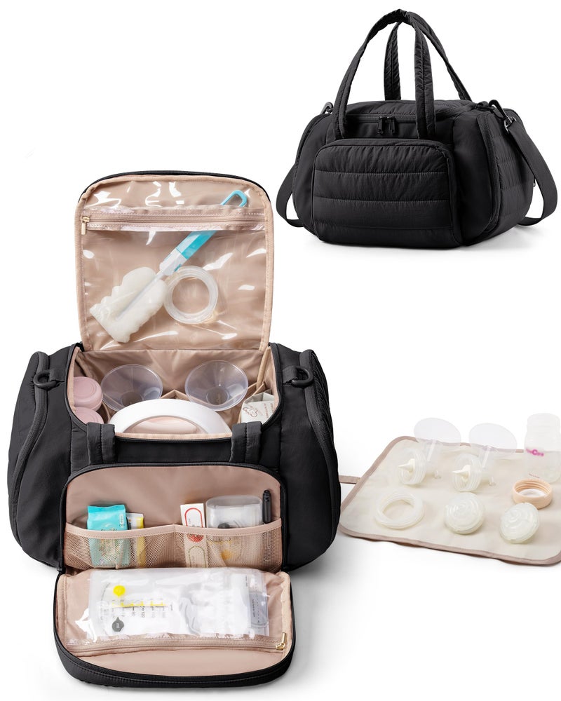 Marscamd Quilted Breast Pump Bag Compatible with Spectra S1 and S2, Pumping Bag with Cooler Compartment and a Drying Mat, Black - Image 1