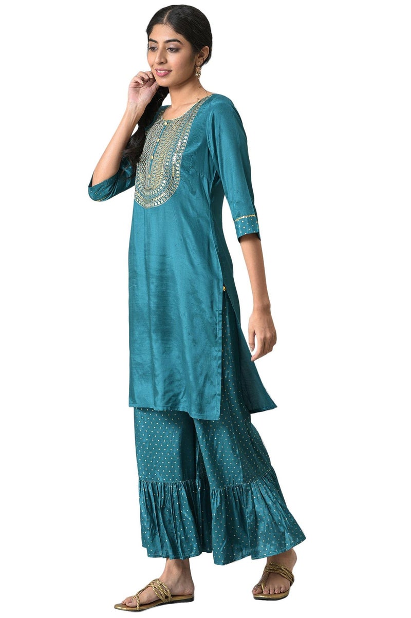 Aurelia Women Green Shantung Liva Kurta With Gathered Sharara_22AUAS13518-604762_XS - Image 3