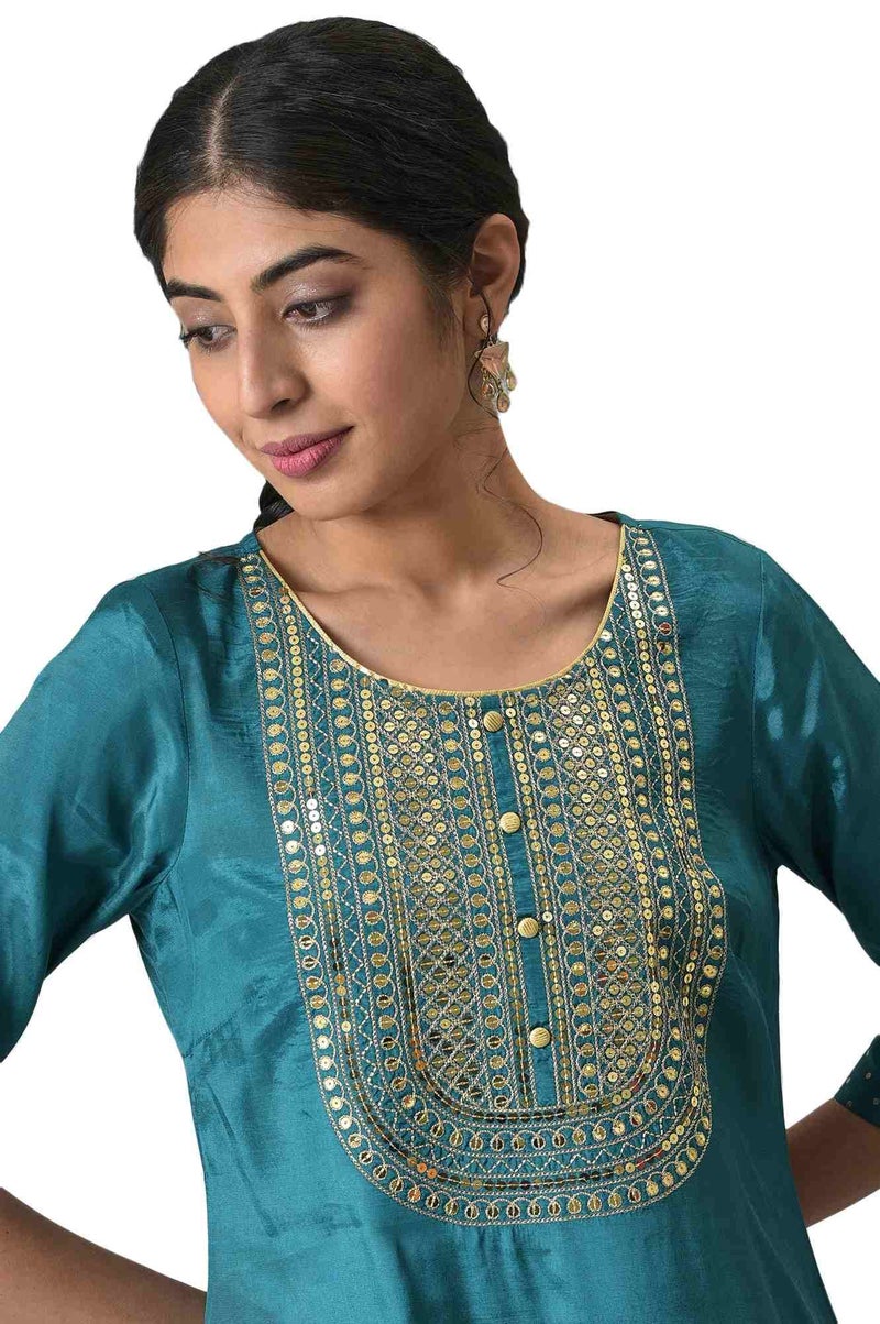 Aurelia Women Green Shantung Liva Kurta With Gathered Sharara_22AUAS13518-604762_XS - Image 5