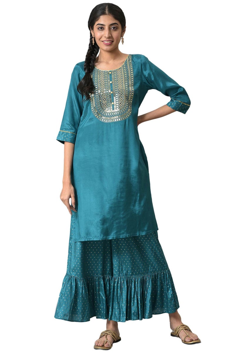 Aurelia Women Green Shantung Liva Kurta With Gathered Sharara_22AUAS13518-604762_XS - Image 1