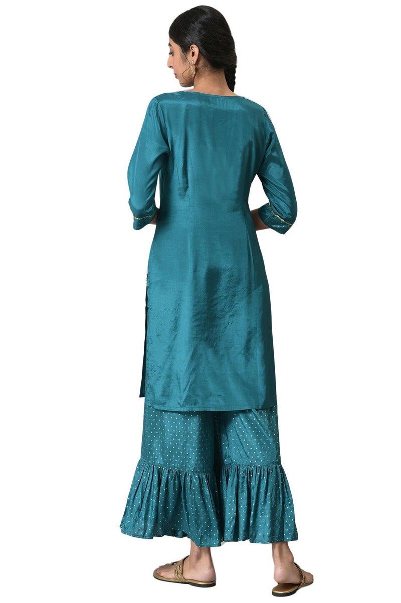Aurelia Women Green Shantung Liva Kurta With Gathered Sharara_22AUAS13518-604762_XS - Image 2