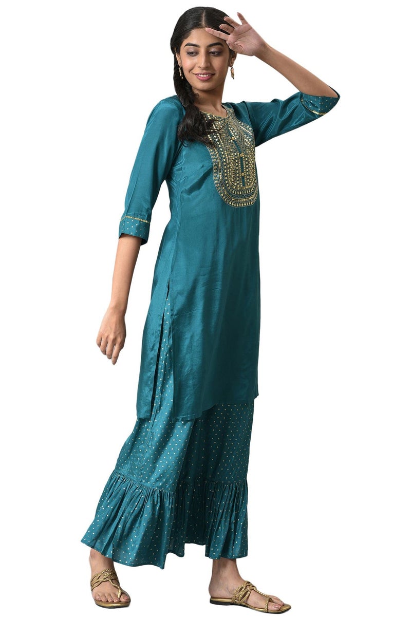 Aurelia Women Green Shantung Liva Kurta With Gathered Sharara_22AUAS13518-604762_XS - Image 4
