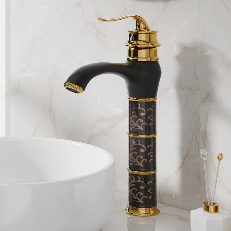 B BACKLINE صنبور حوض ب باكلين مزيج حوض الحمام صنبور حوض عمود للحوض ماء ساخن وبارد صنبور حوض الحمام وغرف المعيشة أسود ذهبي 2 جسم طويل - Image 1