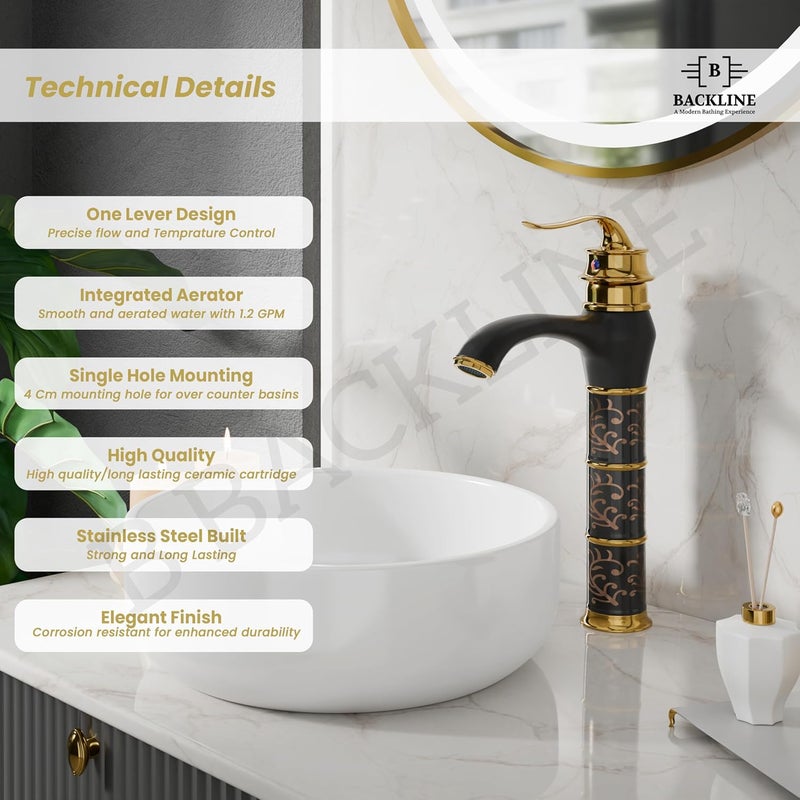 B BACKLINE صنبور حوض ب باكلين مزيج حوض الحمام صنبور حوض عمود للحوض ماء ساخن وبارد صنبور حوض الحمام وغرف المعيشة أسود ذهبي 2 جسم طويل - Image 3