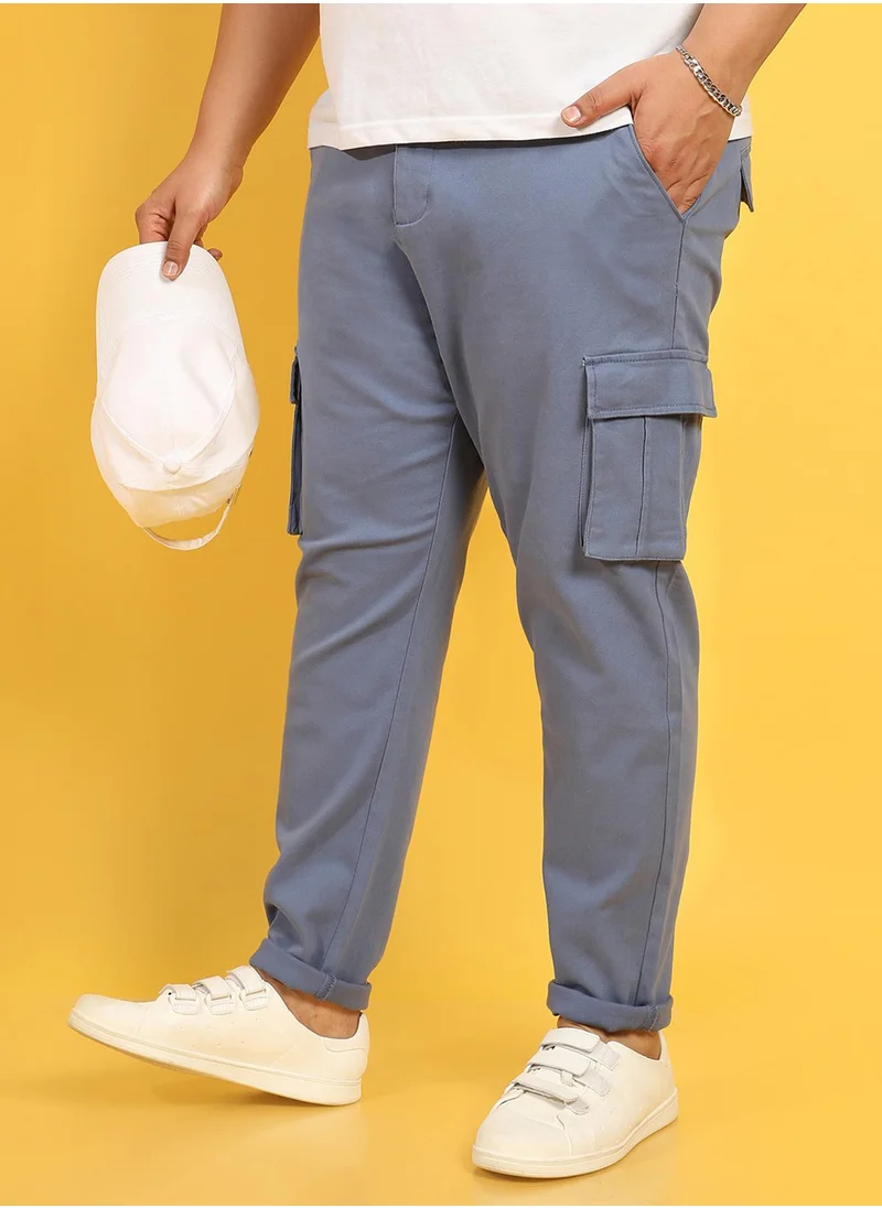 Instafab Plus Instafab Plus Men's Blue Cargo Trousers For Casual Wear | 6 Pockets | Plus-Size Fit | Button Closure | Cotton Poly Cargo Pant Crafted With Comfort Fit For Everyday Wear