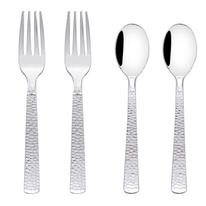 KIRE 400PCS Silver Plastic Forks and Spoons DisposableHeavy Duty Plastic Silverware Set Silver Spoons and Forks200 Forks and Spoon for PartiesBirthdayWedding