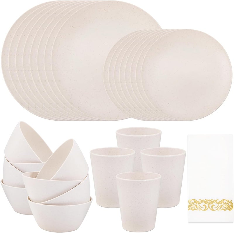 Supernal 32pcs Wheat Straw Dinnerware Sets with 25pcs Gold NapkinsPlates and Bowls SetsBeige Plastic Dinnerware Sets Dish Set for 8Microwave Dishwasher Safe Plates for Halloween Thanksgiving - Image 1