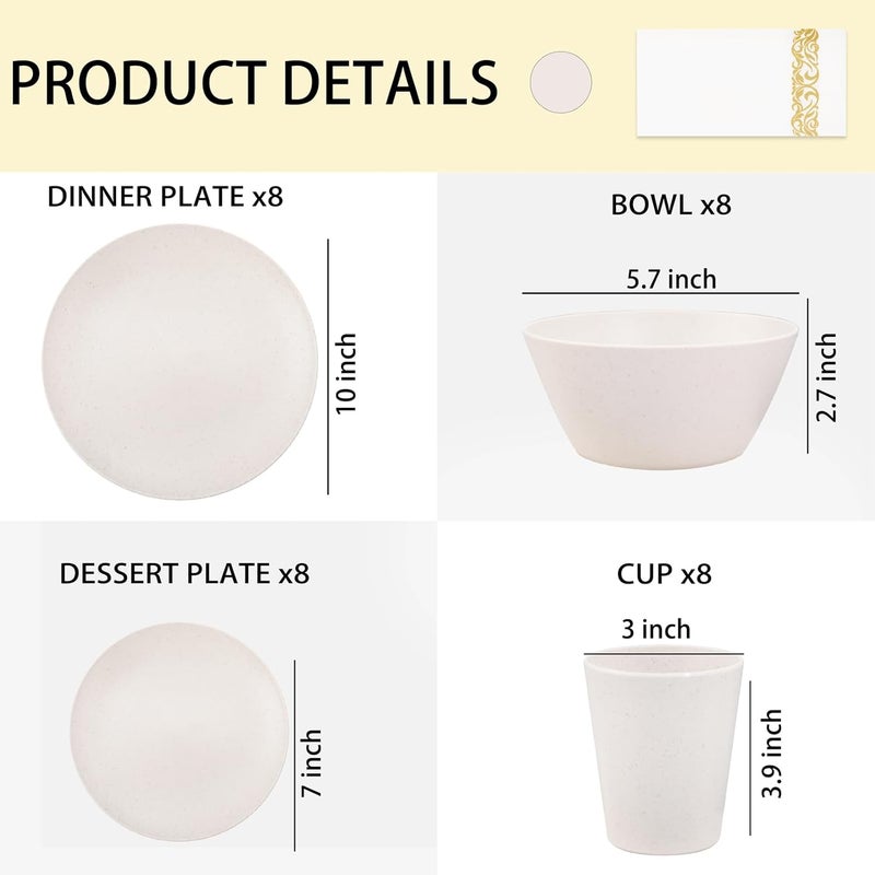 Supernal 32pcs Wheat Straw Dinnerware Sets with 25pcs Gold NapkinsPlates and Bowls SetsBeige Plastic Dinnerware Sets Dish Set for 8Microwave Dishwasher Safe Plates for Halloween Thanksgiving - Image 2