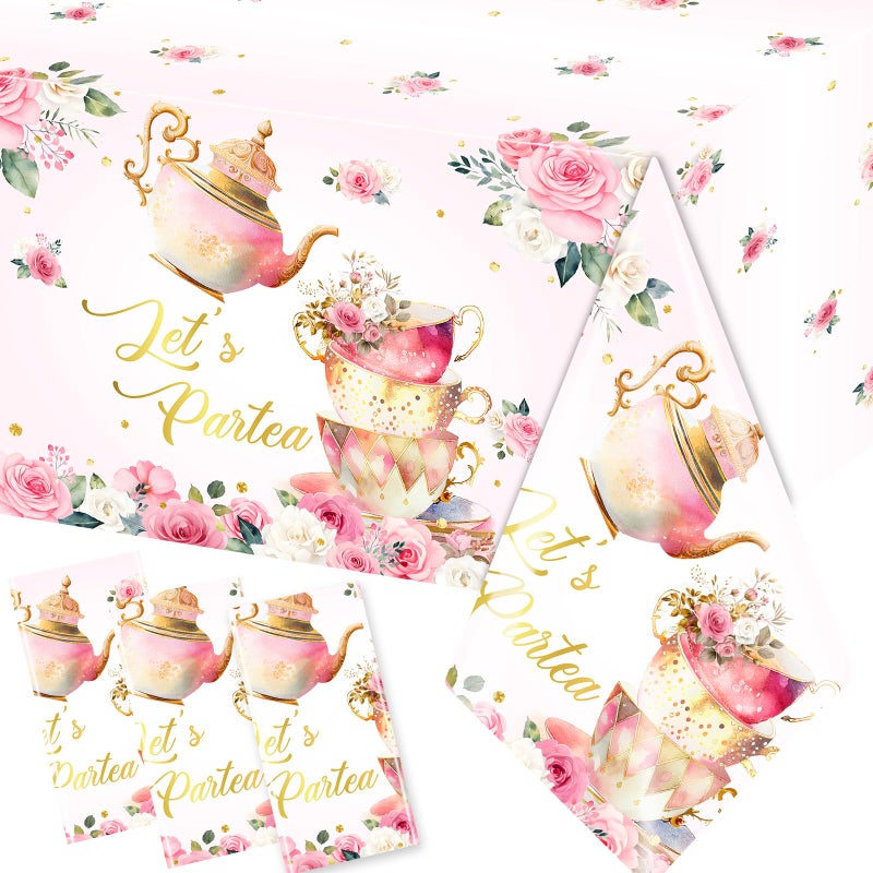 Dydamud Pink Floral Tea Party Tablecloth, Girls Tea Party Birthday Supplies 3pcs Let's Partea Spring Disposable Table Cover for Baby Shower, Floral Birthday Decorations - Image 1