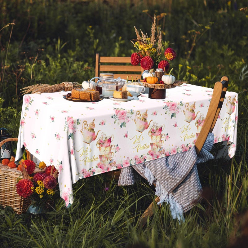 Dydamud Pink Floral Tea Party Tablecloth, Girls Tea Party Birthday Supplies 3pcs Let's Partea Spring Disposable Table Cover for Baby Shower, Floral Birthday Decorations - Image 4
