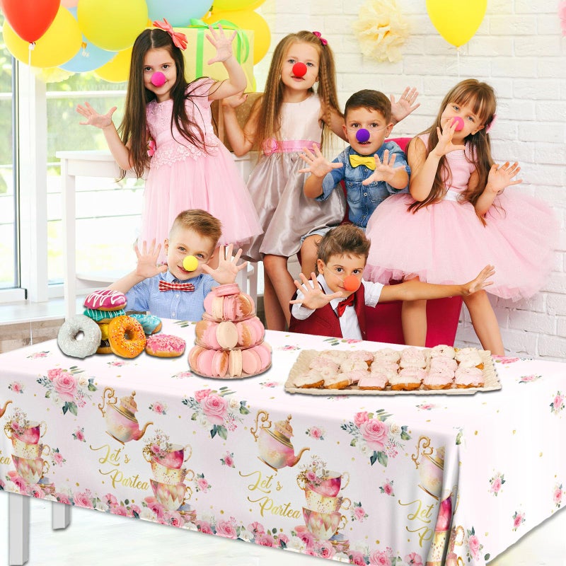 Dydamud Pink Floral Tea Party Tablecloth, Girls Tea Party Birthday Supplies 3pcs Let's Partea Spring Disposable Table Cover for Baby Shower, Floral Birthday Decorations - Image 3
