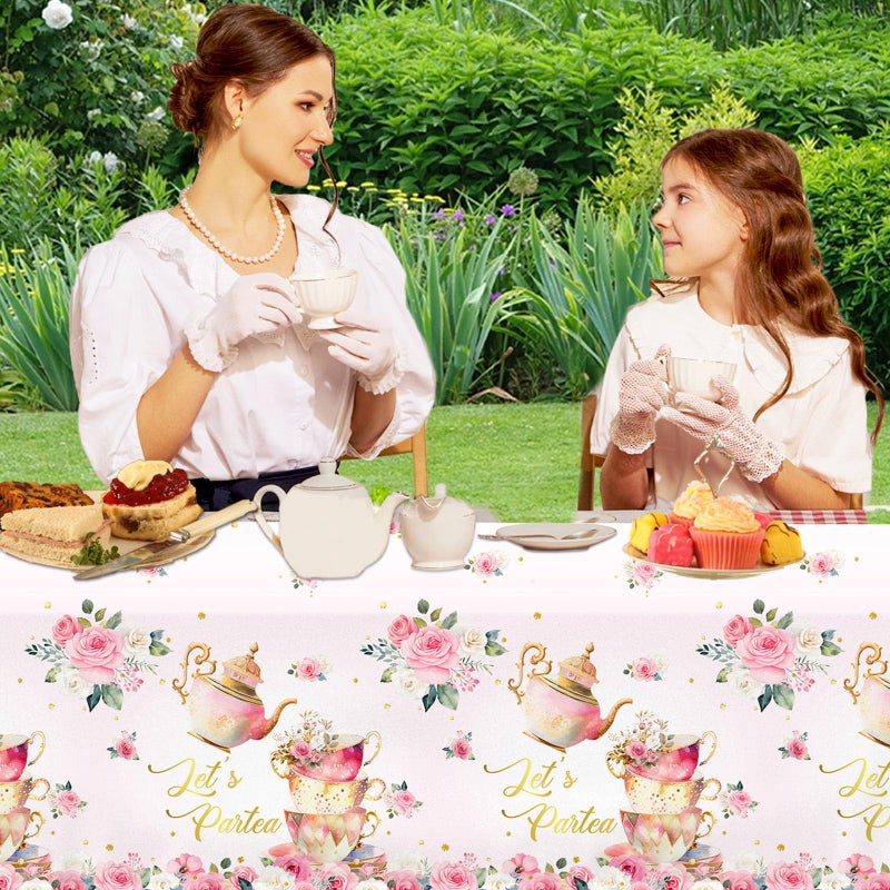 Dydamud Pink Floral Tea Party Tablecloth, Girls Tea Party Birthday Supplies 3pcs Let's Partea Spring Disposable Table Cover for Baby Shower, Floral Birthday Decorations - Image 2