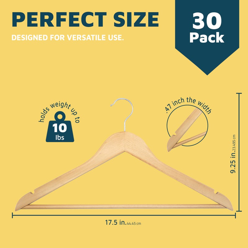 Lifemaster Wooden Hanger Set - 30 Pieces Non-Slip Versatile Closet Space-Saving Hanger Set for Suit, Coat, Camisole, Jacket, Pants, and Dresses with Rotating Swivel Hook - Natural Wood - Image 2
