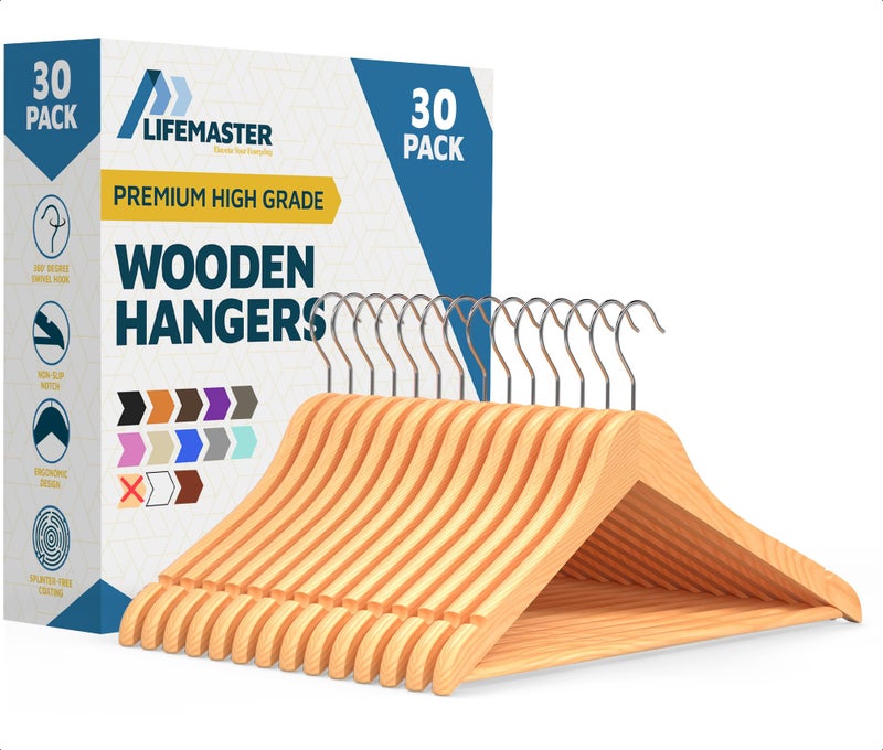 Lifemaster Wooden Hanger Set - 30 Pieces Non-Slip Versatile Closet Space-Saving Hanger Set for Suit, Coat, Camisole, Jacket, Pants, and Dresses with Rotating Swivel Hook - Natural Wood - Image 1