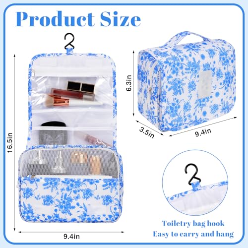 Pengxiaomei Hanging Toiletry Bag, Blue Vintage Floral Waterproof Cosmetic Bag Portable Makeup Pouch Travel Wash Bag with Handle for Kids Teen Girls Camping Tea Party Mothers Day Gifts - Image 2