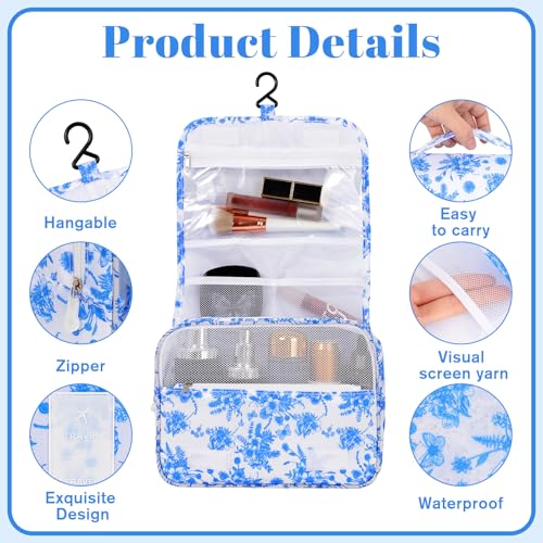 Pengxiaomei Hanging Toiletry Bag, Blue Vintage Floral Waterproof Cosmetic Bag Portable Makeup Pouch Travel Wash Bag with Handle for Kids Teen Girls Camping Tea Party Mothers Day Gifts - Image 3