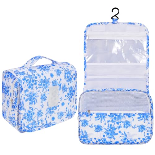 Pengxiaomei Hanging Toiletry Bag, Blue Vintage Floral Waterproof Cosmetic Bag Portable Makeup Pouch Travel Wash Bag with Handle for Kids Teen Girls Camping Tea Party Mothers Day Gifts - Image 1