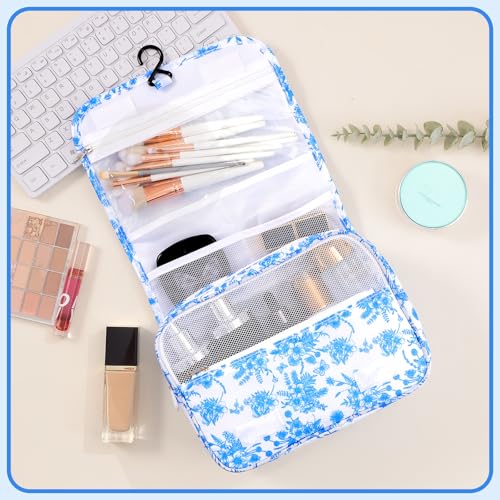 Pengxiaomei Hanging Toiletry Bag, Blue Vintage Floral Waterproof Cosmetic Bag Portable Makeup Pouch Travel Wash Bag with Handle for Kids Teen Girls Camping Tea Party Mothers Day Gifts - Image 4