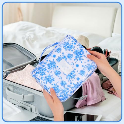 Pengxiaomei Hanging Toiletry Bag, Blue Vintage Floral Waterproof Cosmetic Bag Portable Makeup Pouch Travel Wash Bag with Handle for Kids Teen Girls Camping Tea Party Mothers Day Gifts - Image 5