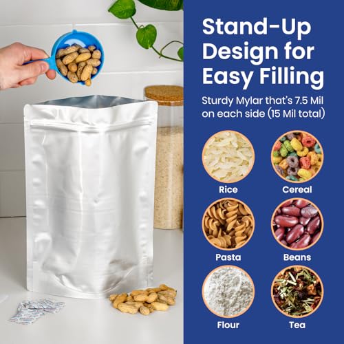 Wallaby 60 Count 1-Gallon Gusset Mylar Bags with 400cc Oxygen Absorbers, 15 Mil Total Thickness Long-Term Food Storage Pouches, 10x14 Stand-Up Resealable Heat-Sealable Airtight Packaging - Silver - Image 4