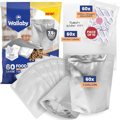 Wallaby 60 Count 1-Gallon Gusset Mylar Bags with 400cc Oxygen Absorbers, 15 Mil Total Thickness Long-Term Food Storage Pouches, 10x14 Stand-Up Resealable Heat-Sealable Airtight Packaging - Silver - Image 1