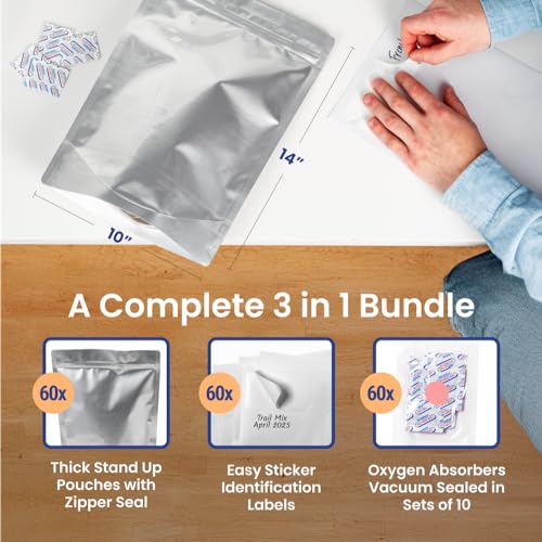 Wallaby 60 Count 1-Gallon Gusset Mylar Bags with 400cc Oxygen Absorbers, 15 Mil Total Thickness Long-Term Food Storage Pouches, 10x14 Stand-Up Resealable Heat-Sealable Airtight Packaging - Silver - Image 2