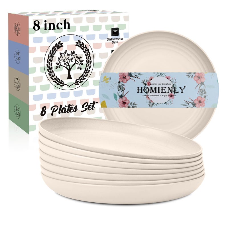 Homienly Dessert Plates - 8 Inch Wheat Straw Plates Set, Dinner Plates Set of 8, Appetizer Plates, Lightweight Unbreakable Plates, Microwave Safe Plates, Deep Plates for Dinner - Beige - Image 1