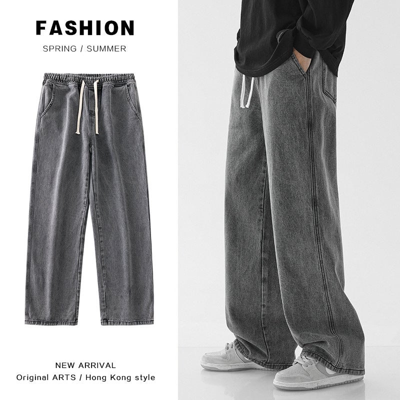 Spring and Autumn Men's Jeans Rubber Strap Pants Elastic Waist Loose Hong Kong Style All-match Simple High Street Boys Wide Leg Pants - Image 4