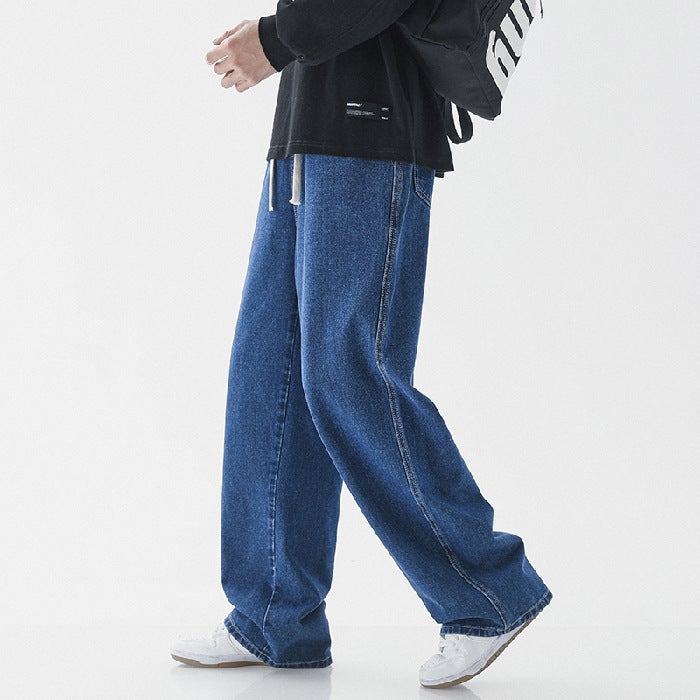 Spring and Autumn Men's Jeans Rubber Strap Pants Elastic Waist Loose Hong Kong Style All-match Simple High Street Boys Wide Leg Pants - Image 1
