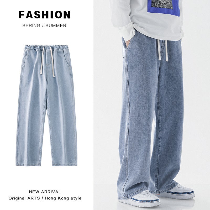 Spring and Autumn Men's Jeans Rubber Strap Pants Elastic Waist Loose Hong Kong Style All-match Simple High Street Boys Wide Leg Pants - Image 3