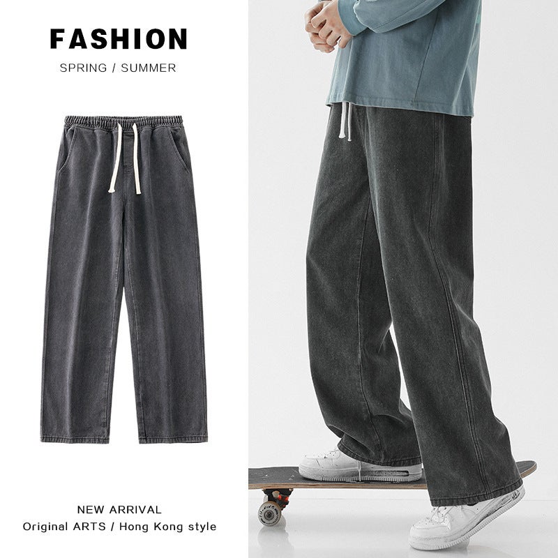 Spring and Autumn Men's Jeans Rubber Strap Pants Elastic Waist Loose Hong Kong Style All-match Simple High Street Boys Wide Leg Pants - Image 2