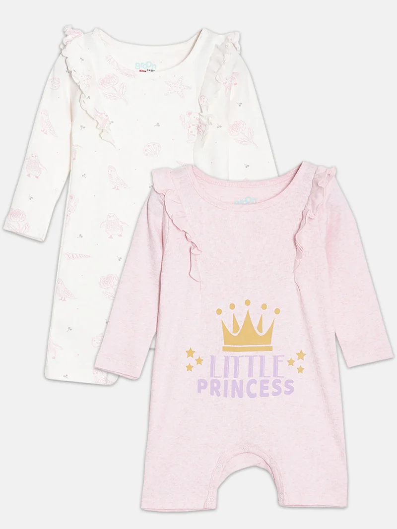 Broon Broon Infant Girls White and Pink Printed Organic Cotton Rompers Pack of 2