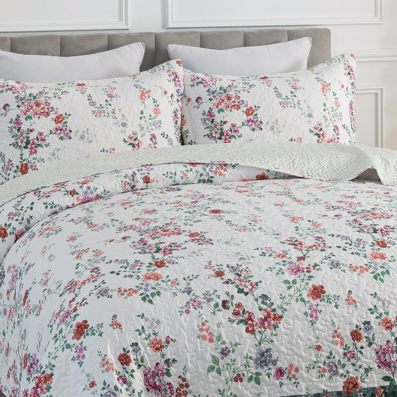 Travan 3-Piece Quilt Set Quilted Bedspread Lightweight Coverlet Set Garden Style Floral Printed Oversized Quilted Bedding Set with Shams for All Season, Exquisite, King Size - Image 3