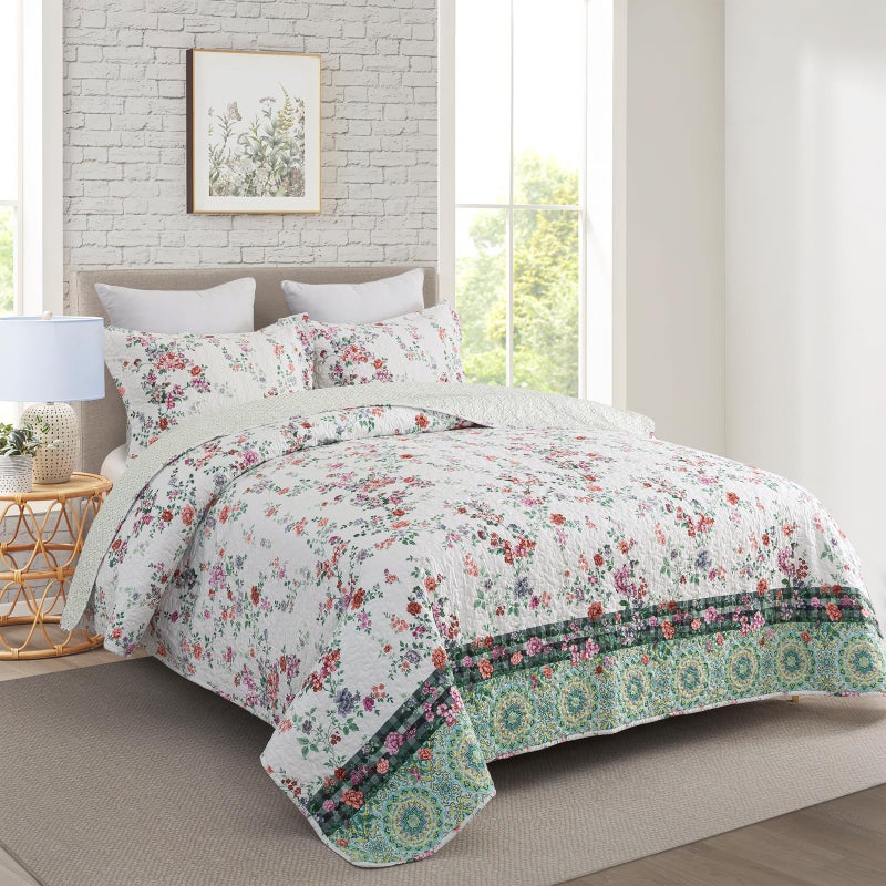 Travan 3-Piece Quilt Set Quilted Bedspread Lightweight Coverlet Set Garden Style Floral Printed Oversized Quilted Bedding Set with Shams for All Season, Exquisite, King Size - Image 2