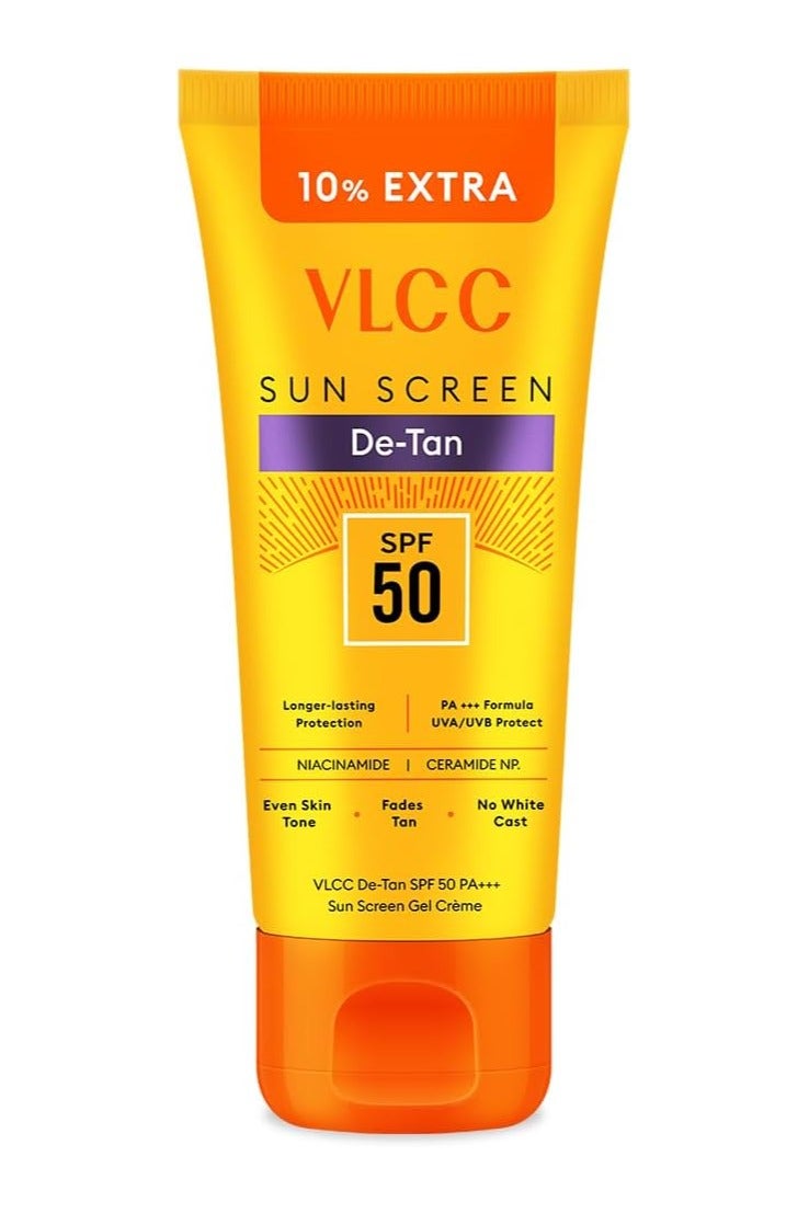 VLCC De Tan SPF 50 PA+++ Sunscreen Gel Creme 100g + 10g Extra | UVA & UVB Protection | Anti-Tan, Moisturizing | Infused with Aloe Vera & Cucumber Extracts | Non-Greasy, Brightens Skin - Image 1