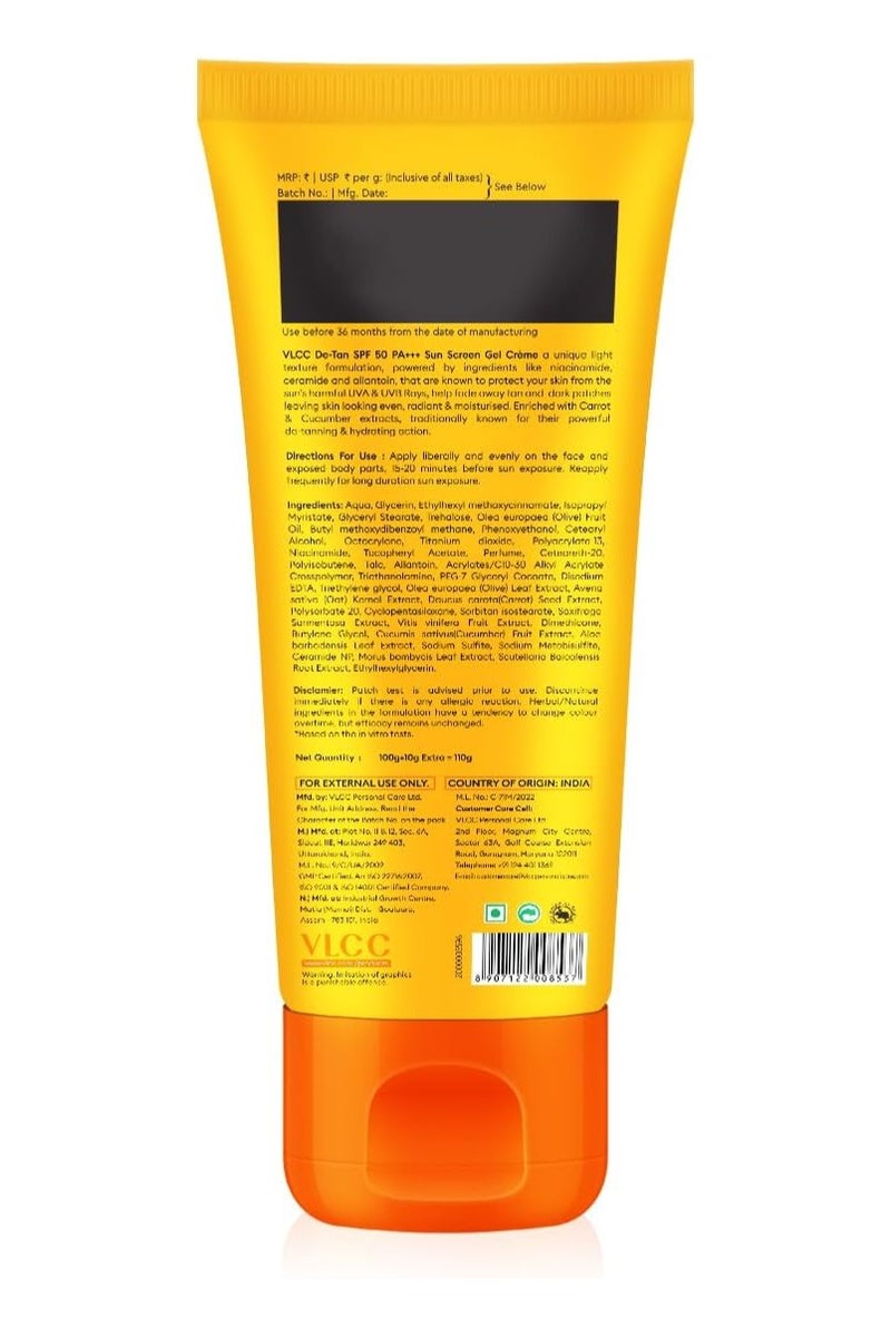 VLCC De Tan SPF 50 PA+++ Sunscreen Gel Creme 100g + 10g Extra | UVA & UVB Protection | Anti-Tan, Moisturizing | Infused with Aloe Vera & Cucumber Extracts | Non-Greasy, Brightens Skin - Image 2