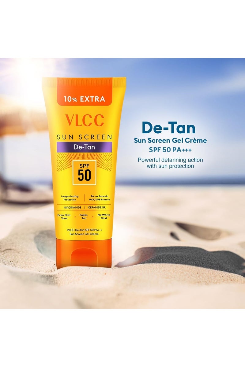 VLCC De Tan SPF 50 PA+++ Sunscreen Gel Creme 100g + 10g Extra | UVA & UVB Protection | Anti-Tan, Moisturizing | Infused with Aloe Vera & Cucumber Extracts | Non-Greasy, Brightens Skin - Image 3