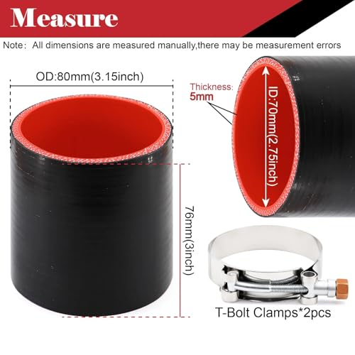 Ingoulut 2.75 inch Silicone Hose Coupler 2-3/4 in(70mm) Straight Reinforced High Temp Intake Intercooler Coupler for Turbo/Radiator/Exaust, Leg Length 3inch 4-ply with 2PCS Clamps - Image 3