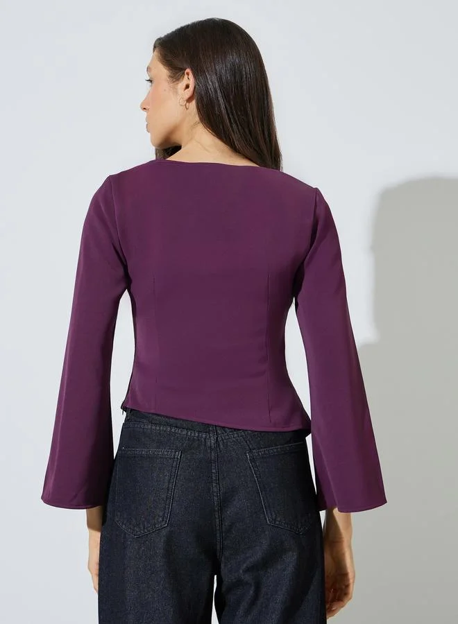 Styli Purple Purple Flared Sleeve Blouse with Asymmetric Hem for Women | Best Price UAE