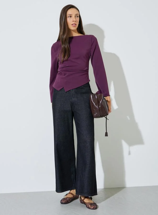 Styli Purple Flared Sleeve Blouse with Asymmetric Hem