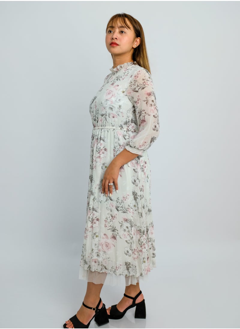 ONLY - Women’s Floral Design Long Dress in Misty-Grey - Image 1